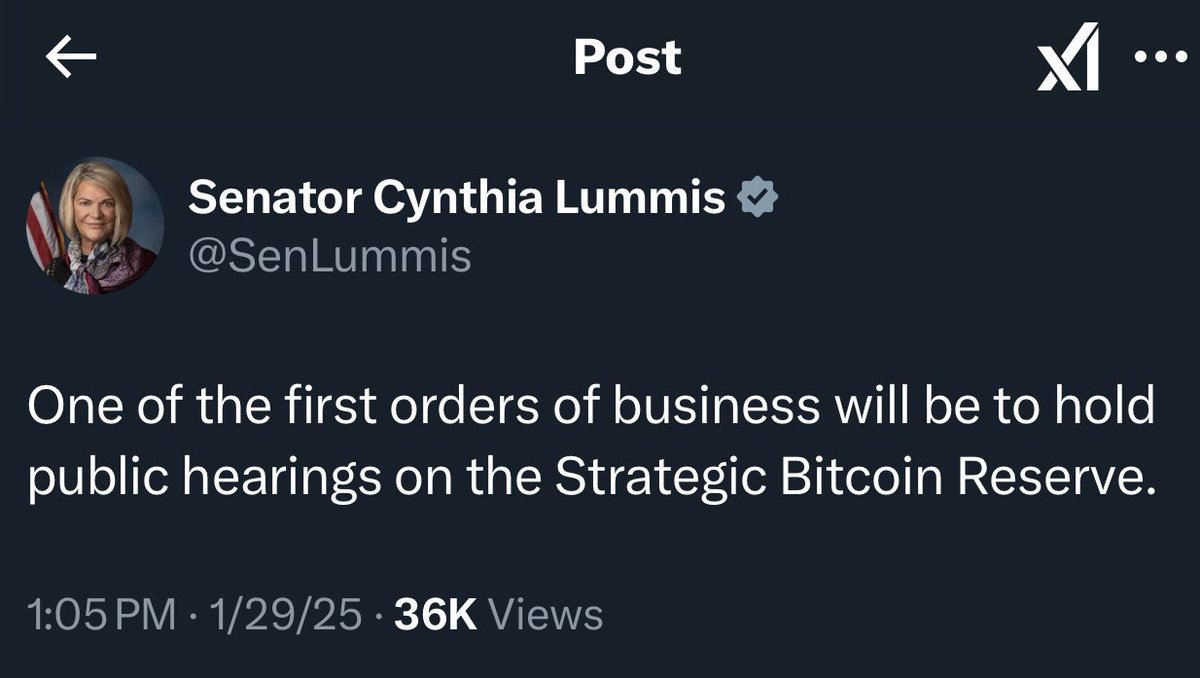 JUST IN: 🇺🇸 Senator Lummis says “One of the first orders of business will be to hold public hearings on the Strategic Bitcoin Reserve.”