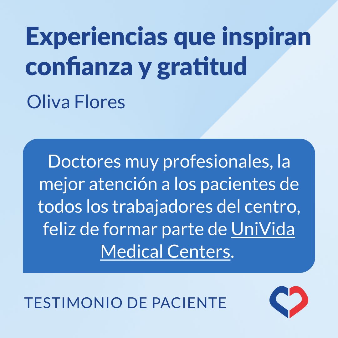 🩺 "Doctores muy profesionales, la mejor atención a los pacientes por parte de todos los trabajadores del Centro. Feliz de formar parte de UniVida Medical Centers." 🩺 
Gracias, Oliva, por confiar en nosotros. 
UniVida Medical Centers  
☎️(305) 709-0722  
unividamedicalcenters.com