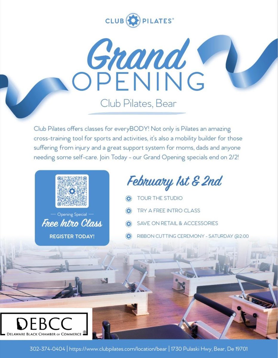 🎉 Join us for the Club Pilates Bear Ribbon-Cutting Ceremony! ✂️

They’re officially opening their doors, and we want YOU to be part of the celebration! 🎈

📅 Date: Saturday, February 1, 2025
🕑 Time: 2 PM
📍 Location: 1730 Pulaski Highway, Bear, DE 19701