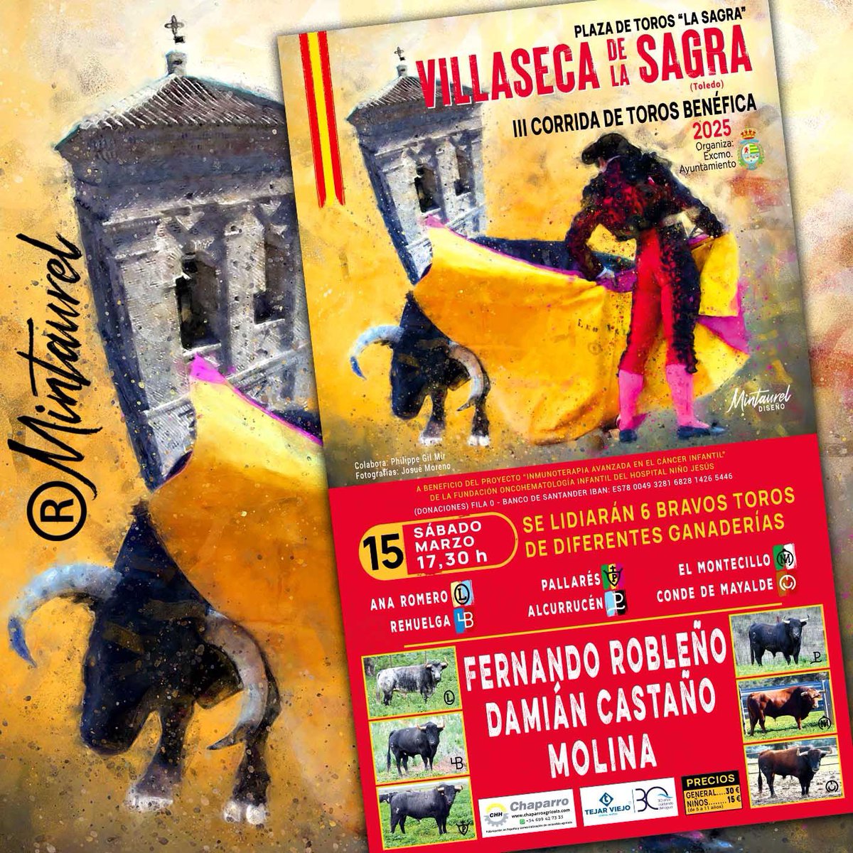 III Corrida Benéfica a favor de la Fundación Oncohematologia Infantil del Hospital Niño Jesús de Madrid
🏛Plaza de toros "La Sagra"
📆Sábado 15 de Marzo
⏰17:30 h
🐂 Diferentes Ganaderías
👨‍🦱Fernando Robleño
👨‍🦱Damian Castaño 
👨‍🦱Molina 
Os Esperamos!