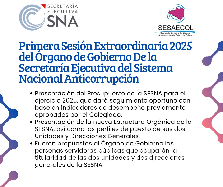 Sesaecol (@sesaecol_saec) on Twitter photo La <a href="/SESNAOficial/">SESNAOficial</a> llevó a cabo la Primera Sesión Extraordinaria 2025 de su Órgano de Gobierno.
Consulta aquí su comunicado: sesna.gob.mx/2025/01/28/se-…
#CulturaAnticorruptiva
#Entérate La <a href="/SESNAOficial/">SESNAOficial</a> llevó a cabo la Primera Sesión Extraordinaria 2025 de su Órgano de Gobierno.
Consulta aquí su comunicado: sesna.gob.mx/2025/01/28/se-…
#CulturaAnticorruptiva
#Entérate