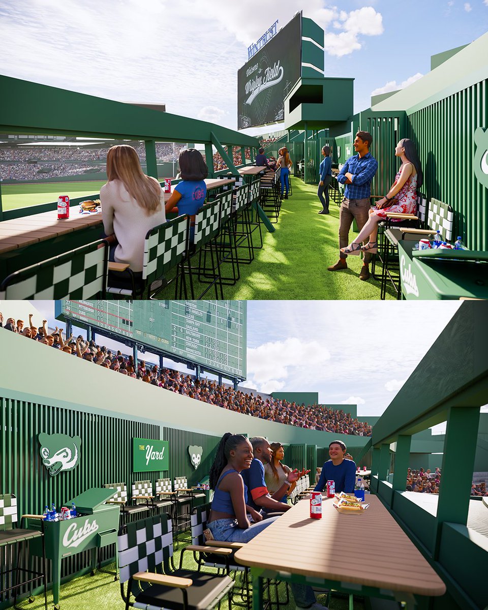 The Chicago Cubs have unveiled 'The Yard'—new seats in center field featuring:

• High-top seats
• Groups of 4-50 fans
• Ballpark meal included
• Unlimited beer, wine, seltzers, and non-alcoholic drinks