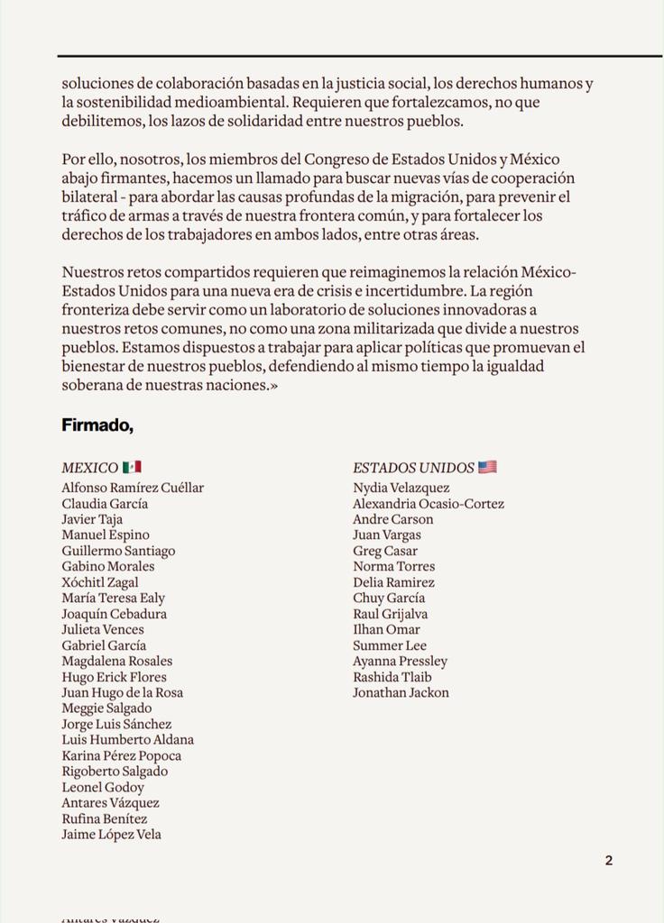 Congresistas de EE.UU. y México se unen contra las amenazas de una acción militar de Donald Trump.
Los legisladores proponen vías de cooperación bilateral para abordar el tema migratorio, prevenir el tráfico de armas y fortalecer los derechos de trabajadores en ambos países.