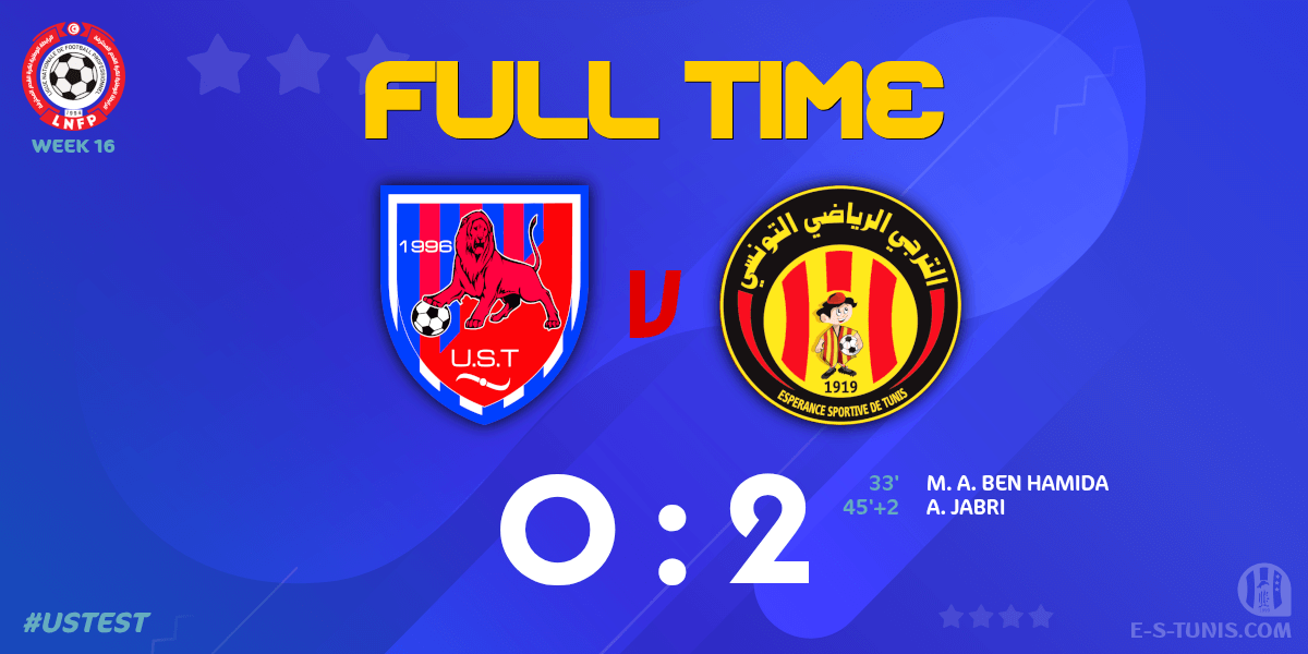 ESTuniscom's tweet photo. ⏱ FT | #Ligue1Tn🇹🇳 Week 16 #USTEST | #USTataouine 0⃣-2⃣ @ESTuniscom : End of the match / نهاية المباراة / Fin du match https://t.co/JdjJJG6sEj