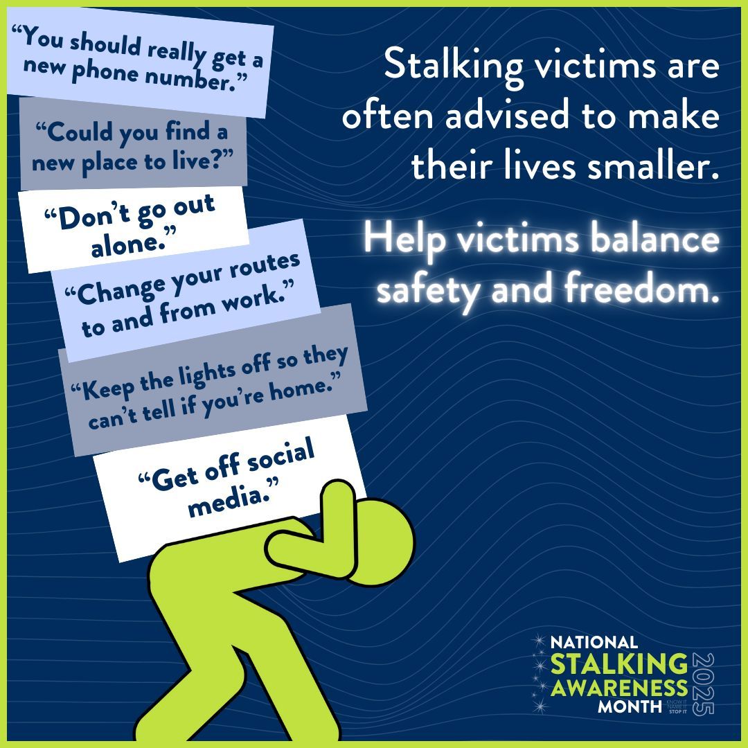 nnedv's tweet image. Some stalking victims may choose to take precautions for peace of mind. But remember: It&apos;s NEVER your fault if someone chooses to stalk you, whether you take safety measures or not. 

Learn more from our Safety Net Project: bit.ly/2mC0fD1

#NSAM2025 #KnowItNameItStopIt