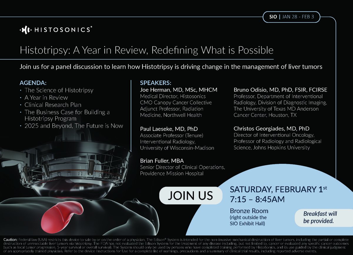 Histosonics Inc. (@histosonics) on Twitter photo <a href="/histosonics/">Histosonics Inc.</a> , Inc. is honored to attend #siovegas this week in Las Vegas and to have Christos Georgiades MD, PhD. and Bruno Odisio MD, PhD. lead an interactive "Histotripsy Year In Review" panel Saturday, February 1st in the Bronze Room from 7:15 am - 8:45 am.
#Histotripsy <a href="/histosonics/">Histosonics Inc.</a> , Inc. is honored to attend #siovegas this week in Las Vegas and to have Christos Georgiades MD, PhD. and Bruno Odisio MD, PhD. lead an interactive "Histotripsy Year In Review" panel Saturday, February 1st in the Bronze Room from 7:15 am - 8:45 am.
#Histotripsy
