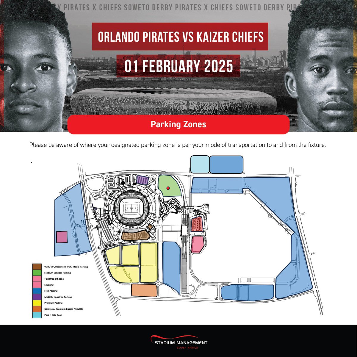 StadiumManagementSA (@officialsmsa) on Twitter photo Attending the <a href="/orlandopirates/">Orlando Pirates</a> home Soweto Derby at FNB Stadium on 1 February? Please be sure you know where your parking, pick up and drop-off points are as per your mode of travel.
Arrive early for the 15h30 Derby!
#SMSA #FNBStadium #SowetoDerby Attending the <a href="/orlandopirates/">Orlando Pirates</a> home Soweto Derby at FNB Stadium on 1 February? Please be sure you know where your parking, pick up and drop-off points are as per your mode of travel.
Arrive early for the 15h30 Derby!
#SMSA #FNBStadium #SowetoDerby