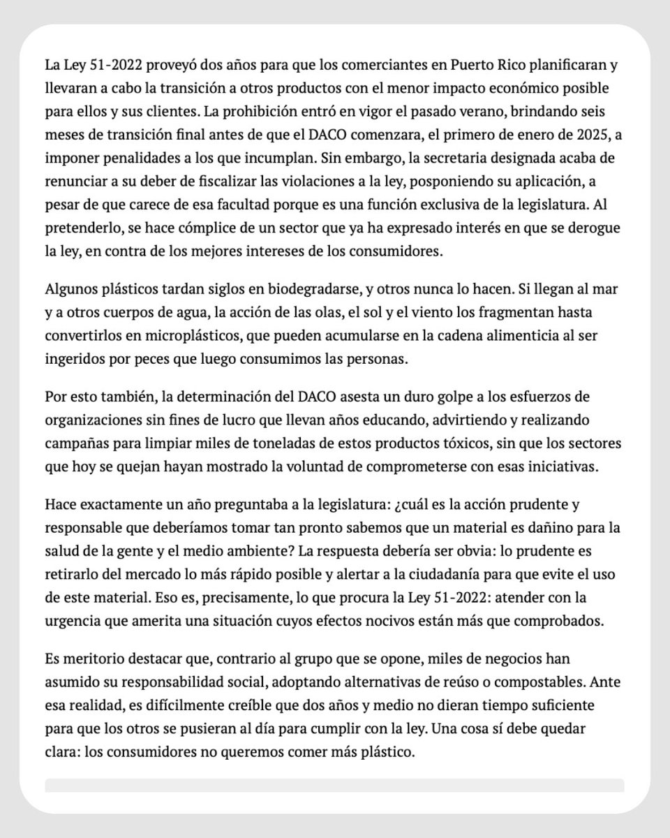 ¡No queremos comer plásticos! La decisión de la secretaria designada de #DACO de ignorar la implementación de la #Ley51 que prohíbe los #plásticos de un solo uso en los comercios resulta claramente viciada en favor de un grupo con poder económico.

elnuevodia.com/opinion/punto-…