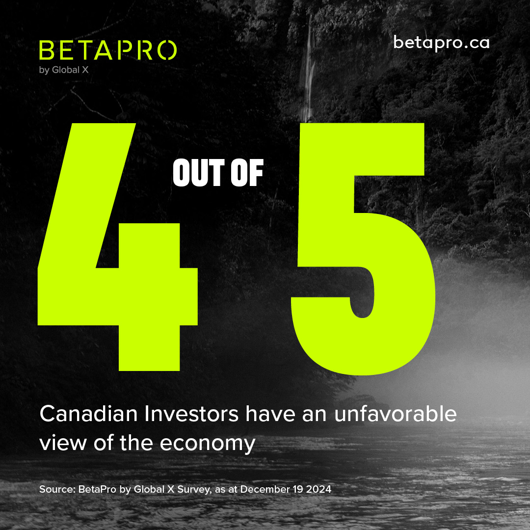 BetaProETFs's tweet image. According to our recent survey, 4 out of 5 Canadian investors have an unfavorable view of the economy. Despite last year’s 18.5% gain in the S&P/TSX Composite Index, 35% of respondents feel less confident about their financial future.
Learn more: betapro.ca/insights/canad…