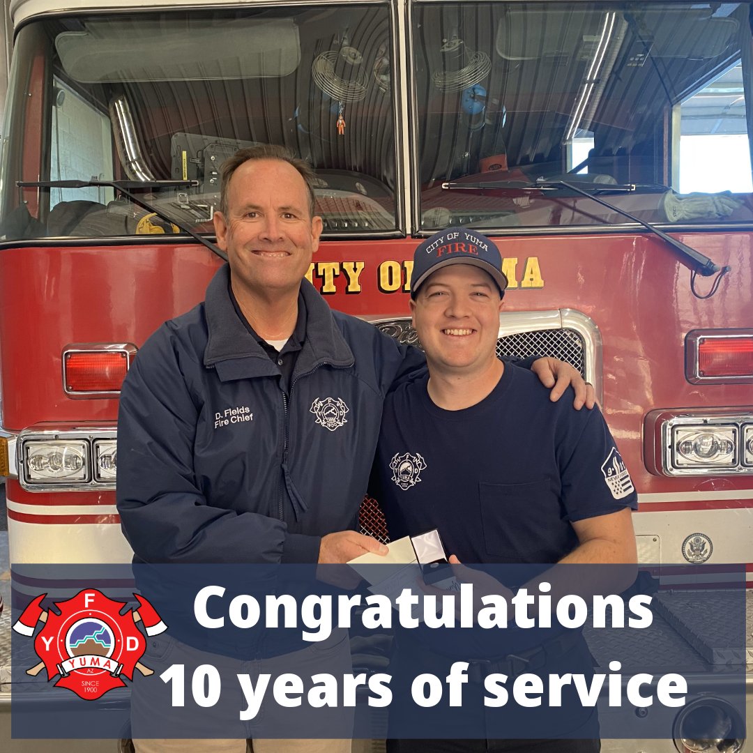 Academy 15-1 has reached its 10 year anniversary. Congratulations Ty Fritz on this important milestone. Ty is an Firefighter/EMT assigned to Yuma Medic 5 on A shift. Ty is also a hazardous material technician.  Thanks you for all you do.
