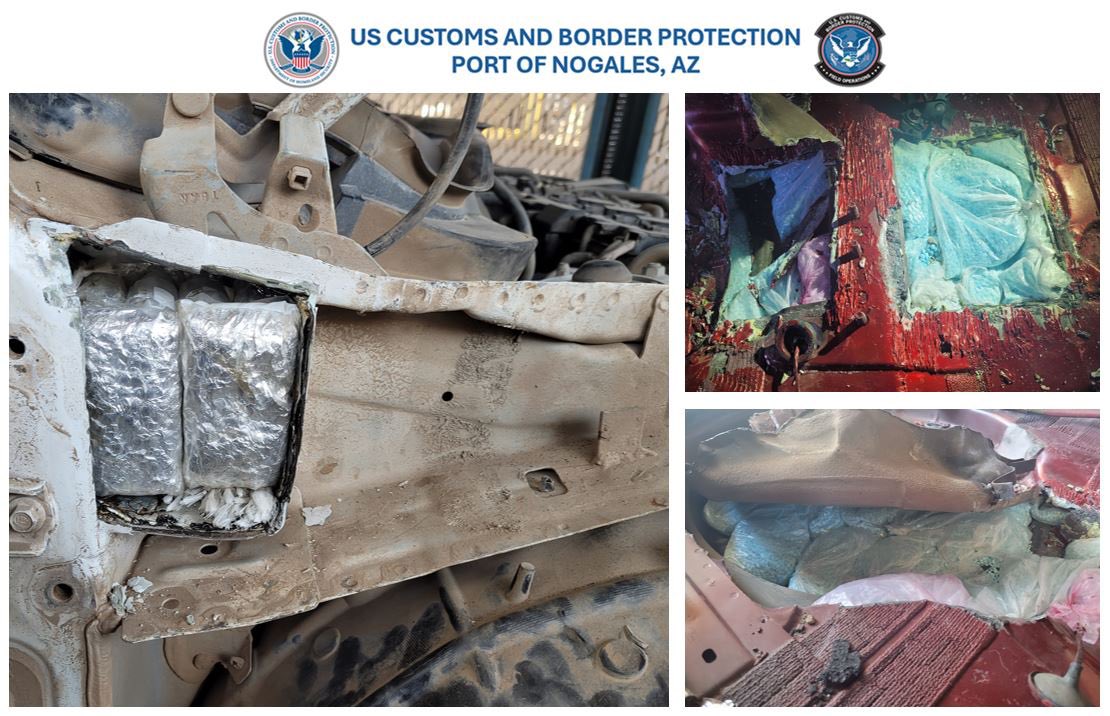 12/30 – 1/11: CBP officers at the Nogales POE seized approx. 894,221 fentanyl pills, 34.3 lbs bulk fentanyl powder and 142.8 lbs meth in 5 separate enforcement actions. Concealment included firewalls, floors and throughout a vehicle.