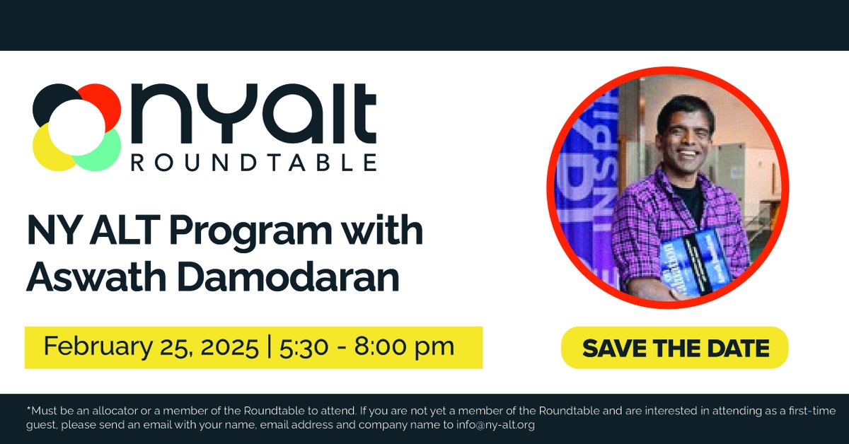 Save the date for NY ALT’s next event on Tuesday, February 25, from 5:30 - 8 PM!

We look forward to welcoming you to the program featuring Aswath Damodaran, the Kerschner Family Chair Professor of Finance at NYU Stern School of Business.

Register now ➡️ ny-alt.org/events/save-th…