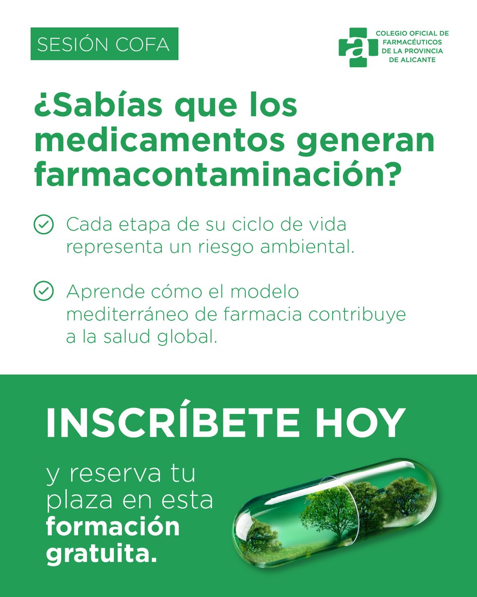 Programa de la formación: Farmacia Sostenible y Salud Global

✅ El impacto ambiental de los medicamentos.
✅ Soluciones para una Farmacia más sostenible.
✅ Cómo el punto SIGRE ayuda a gestionar medicamentos caducados o no usados.

 Inscríbete aquí: lc.cx/khNyLi