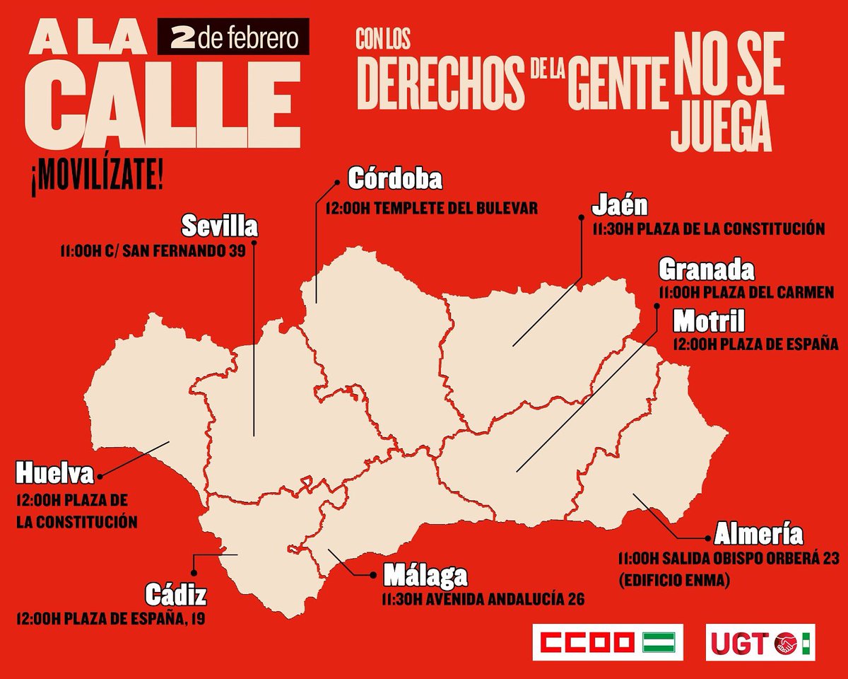 🔴 2F | Con los derechos de los andaluces y andaluzas no se juega ❌
El escudo social no es un juego y vamos a vigilar que se cumple lo acordado.

💪🏻Los derechos de la clase trabajadora se garantizan.

¡Acude a la concentración más cercana el domingo!
Nos vemos en las calles✊