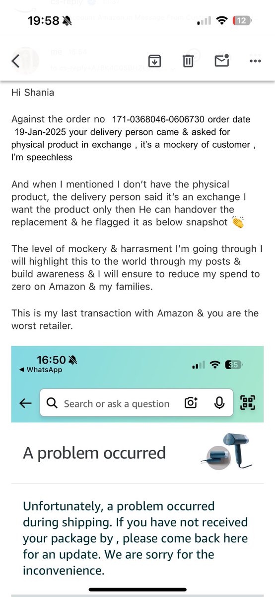 UpFrontPOV's tweet image. Look @ how Amazon is harrasing me for last 10days!despite of being a regular customer&amp;amp;spent lacs on their portal
I’m Horrified
#AmazonHarassment
#AmazonIssues
#ConsumerProtection
#BoycottAmazon @BandBajaateRaho @amazon @amazonIN
#AmazonSupportFail
#ConsumerRights #OnlineShopping