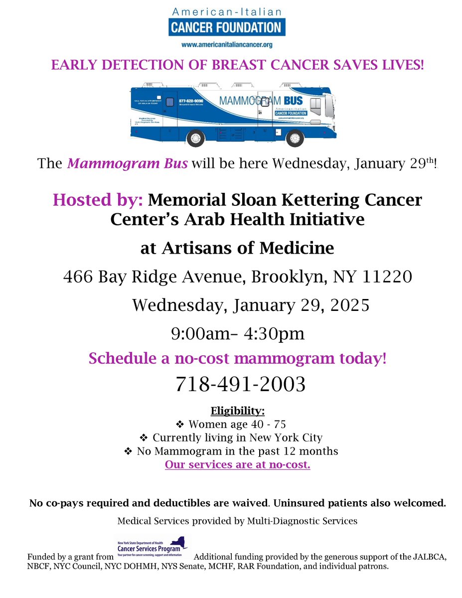 MSKCC Immigrant Health & Cancer Disparities Center (@mskihcd) on Twitter photo Schedule a no-cost mammogram today! <a href="/mskihcd/">MSKCC Immigrant Health & Cancer Disparities Center</a> is hosting a mammogram screening event on the <a href="/AICF_nyc/">AICF</a> mammogram bus TODAY, Jan. 29 from 9am-4:30pm at Artisans of Medicine, 466 Bay Ridge Avenue, Brooklyn, NY 11220. Eligibility requirements and further info on the flyer below. Schedule a no-cost mammogram today! <a href="/mskihcd/">MSKCC Immigrant Health & Cancer Disparities Center</a> is hosting a mammogram screening event on the <a href="/AICF_nyc/">AICF</a> mammogram bus TODAY, Jan. 29 from 9am-4:30pm at Artisans of Medicine, 466 Bay Ridge Avenue, Brooklyn, NY 11220. Eligibility requirements and further info on the flyer below.