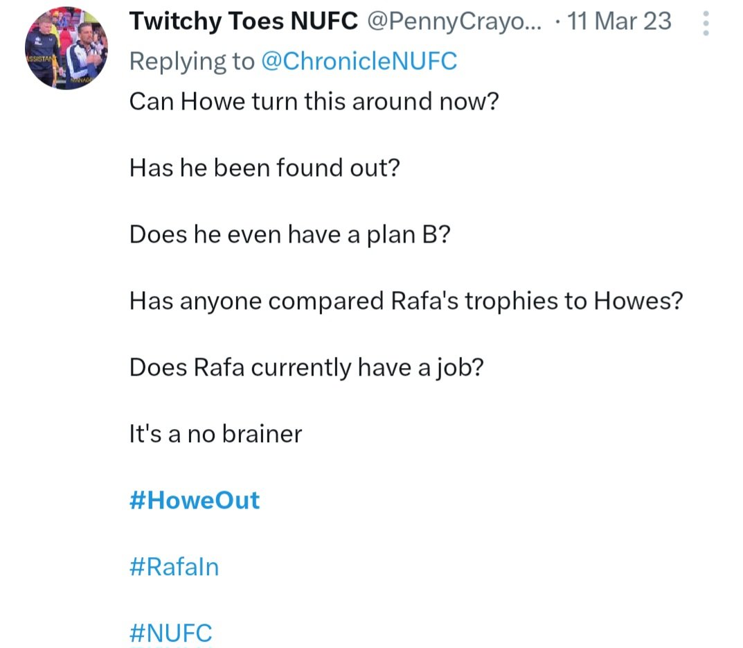 Videozz17's tweet image. Day 4 of the "Howe out Whopper" awards 🏆 
@PennyCrayon5 is the recipient 👏👏
Longevity is key to being considered and this #NUFC "fan" takes the cream. Almost 3 years of hurt! Key #'s of #RafaIN and buzz words like HoweFest make this legend, a more than worthy inclusion ⚫️⚪️
