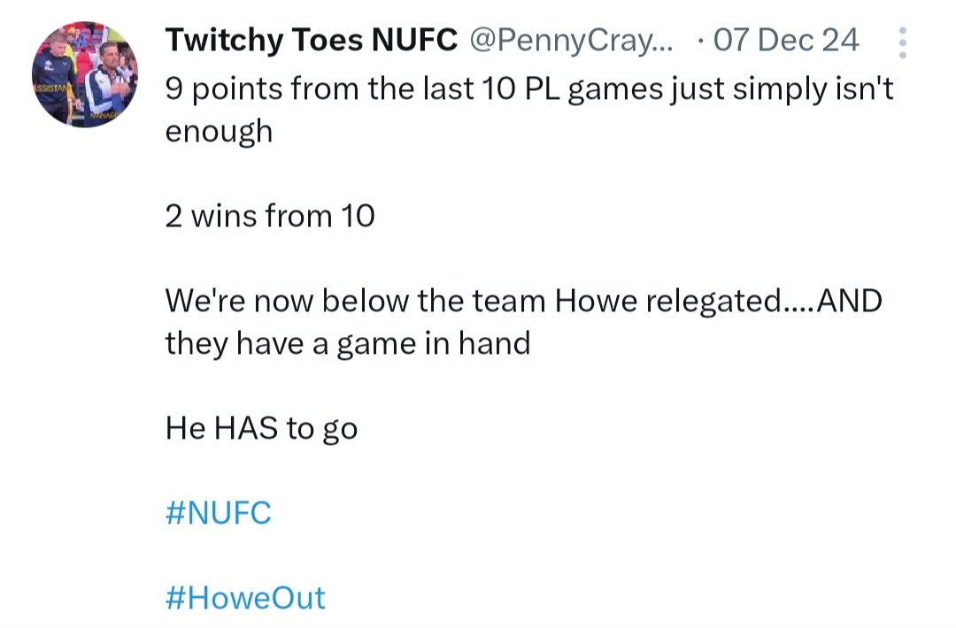 Videozz17's tweet image. Day 4 of the "Howe out Whopper" awards 🏆 
@PennyCrayon5 is the recipient 👏👏
Longevity is key to being considered and this #NUFC "fan" takes the cream. Almost 3 years of hurt! Key #'s of #RafaIN and buzz words like HoweFest make this legend, a more than worthy inclusion ⚫️⚪️