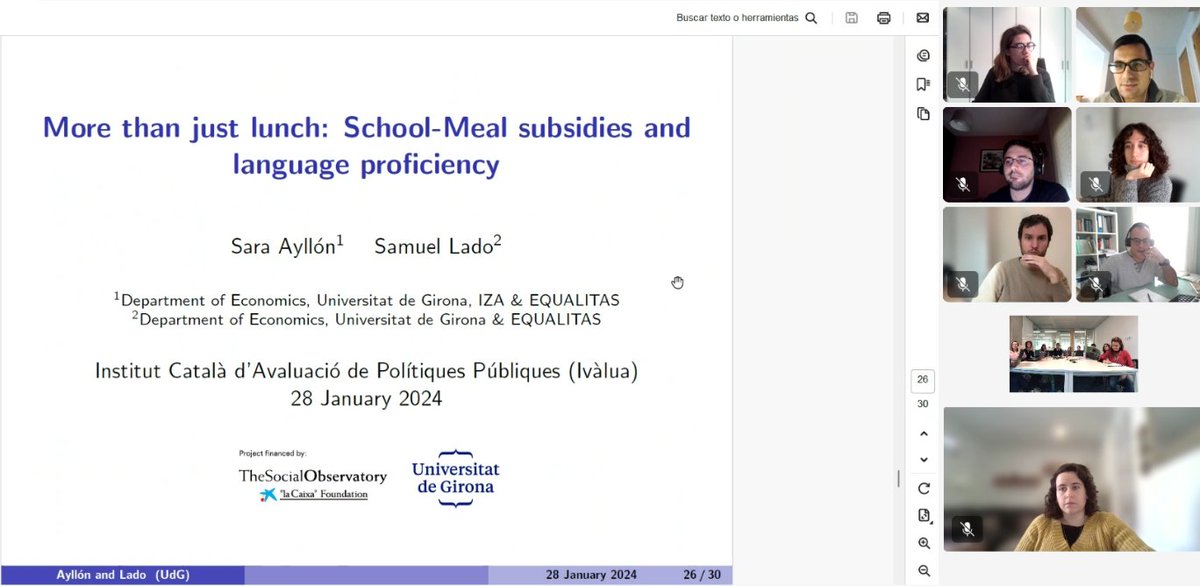 Ivàlua - Institut Català d'Avaluació de Pol. Púb. (@ivalua_cat) on Twitter photo #IvàluaActivitats
Samuel Lado <a href="/SamuelLF11/">Samuel Lado</a>, investigador predoctoral d'<a href="/univgirona/">Universitat de Girona</a>, s'ha reunit amb l'equip d'analistes d'Ivàlua per presentar la recerca que estan desenvolupant amb Sara Ayllón, economista i prof.  <a href="/GRAE_UdG/">GRAE_UdG</a>, sobre l'efecte dels subsidis en els menjadors escolars #IvàluaActivitats
Samuel Lado <a href="/SamuelLF11/">Samuel Lado</a>, investigador predoctoral d'<a href="/univgirona/">Universitat de Girona</a>, s'ha reunit amb l'equip d'analistes d'Ivàlua per presentar la recerca que estan desenvolupant amb Sara Ayllón, economista i prof.  <a href="/GRAE_UdG/">GRAE_UdG</a>, sobre l'efecte dels subsidis en els menjadors escolars