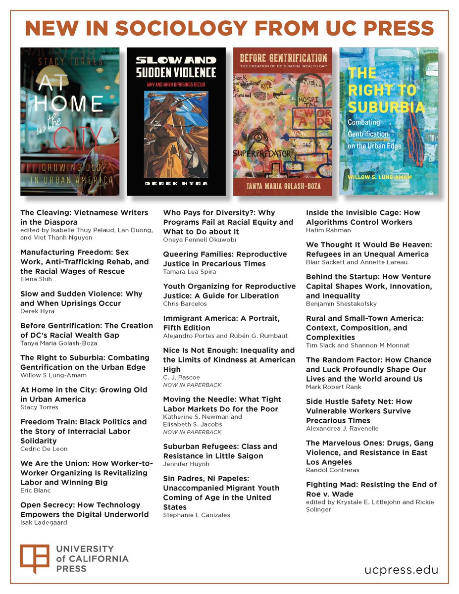 Love seeing this <a href="/ucpress/">University of California Press (is on Bluesky)</a> ad &amp; lineup! So many great authors including <a href="/tanyaboza/">𝚃𝚊𝚗𝚢𝚊 𝙶𝚘𝚕𝚊𝚜𝚑-𝙱𝚘𝚣𝚊</a> &amp; <a href="/drlungamam/">Willow Lung-Amam</a>! #Urbanists &amp; #gentrification scholars get their books!