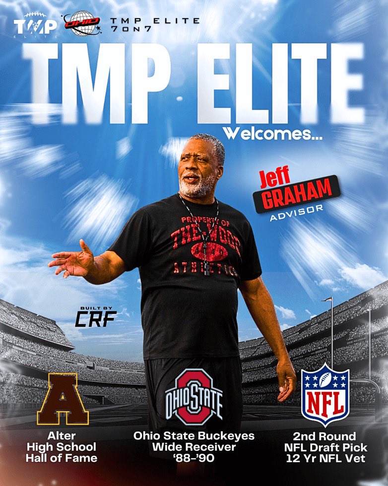 Excited to announce the LEGEND being apart of the <a href="/TMPEliteOH7v7/">TMP OHIO 7v7</a> family! 
⭐️JEFF GRAHAM : TMP Team Advisor⭐️
-High School HOF 🏈🏀
-Ohio State Buckeye Great 🌰
-12 year NFL Vet 
<a href="/LBSCoachP/">Coach P</a> <a href="/dmccleskey23/">Daryl D. McCleskey, Sr “ Coach Dink”</a> <a href="/dreamchasin_kei/">Kei Beckham</a> <a href="/CoachTTMP/">5 ⭐ Coach T Dubb TMP 🏁 🐐</a> <a href="/CoachMikeHillSF/">Mike Hill Jr.</a> <a href="/Nicoe_H__/">Billy "Nicoe" Hurst</a> <a href="/CoachJAM3/">John A. Miller III</a>
