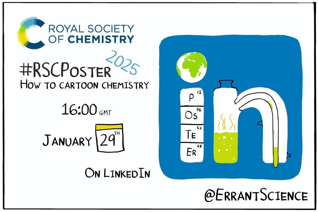 Royal Society of Chemistry (@roysocchem) on Twitter photo STARTING SOON: Join us today at 4pm (UK time) for our exciting webinar ‘How To Cartoon Chemistry’ with Matt Partridge of <a href="/ErrantScience/">ErrantScience</a>.
If you want to get creative with your #RSCPoster, don’t miss this free webinar full of valuable tricks and tips: rsc.li/4aCojwW STARTING SOON: Join us today at 4pm (UK time) for our exciting webinar ‘How To Cartoon Chemistry’ with Matt Partridge of <a href="/ErrantScience/">ErrantScience</a>.
If you want to get creative with your #RSCPoster, don’t miss this free webinar full of valuable tricks and tips: rsc.li/4aCojwW