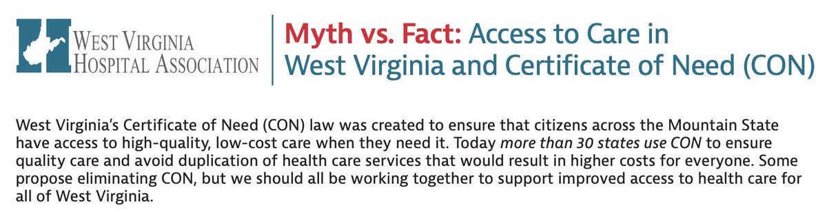 jldobrinsky's tweet image. The West Virginia Hospital Association, year after year, attempts to defend our state’s Certificate of Need (CON) laws with misleading claims that serve monopolistic interests rather than the public good and health of West Virginia citizens. The reality is that CON stifles…