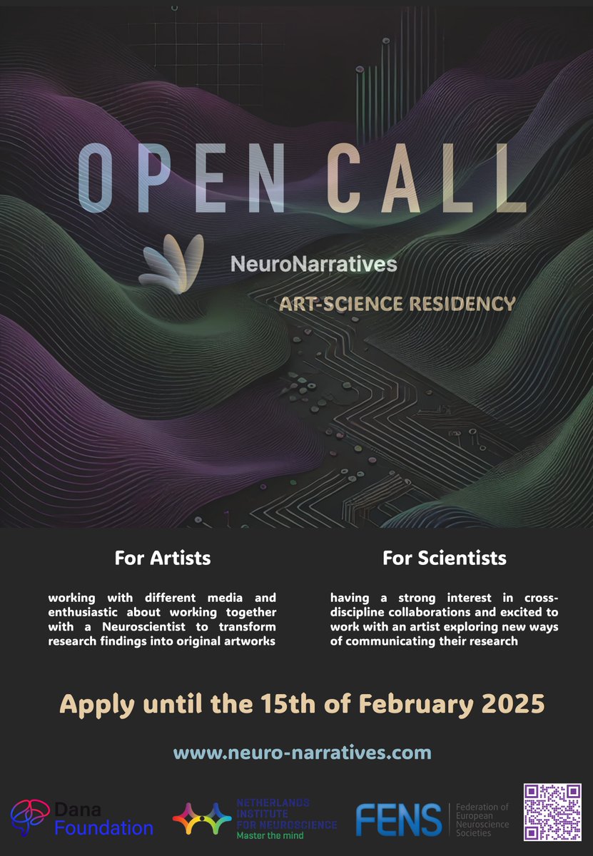 #opencall NeuroNarratives, an art-science residency bringing neuroscientists and artists together to create meaningful art based on science!   
CALL until 15th Feb. 
Sign up via neuro-narratives.com/open-call/ 

#artandscience #art #science #artscienceresidency #neuroscience