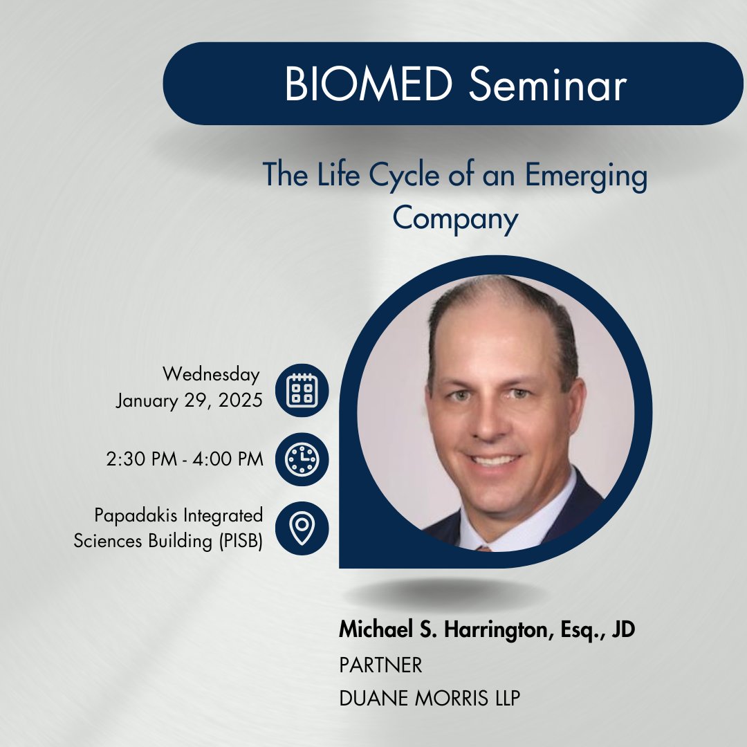 BIOMED Seminar: The Life Cycle of an Emerging Company

📅 Wednesday, January 29, 2025
⏰ 2:30 PM - 4:00 PM

Read more:
tinyurl.com/v6hshrar