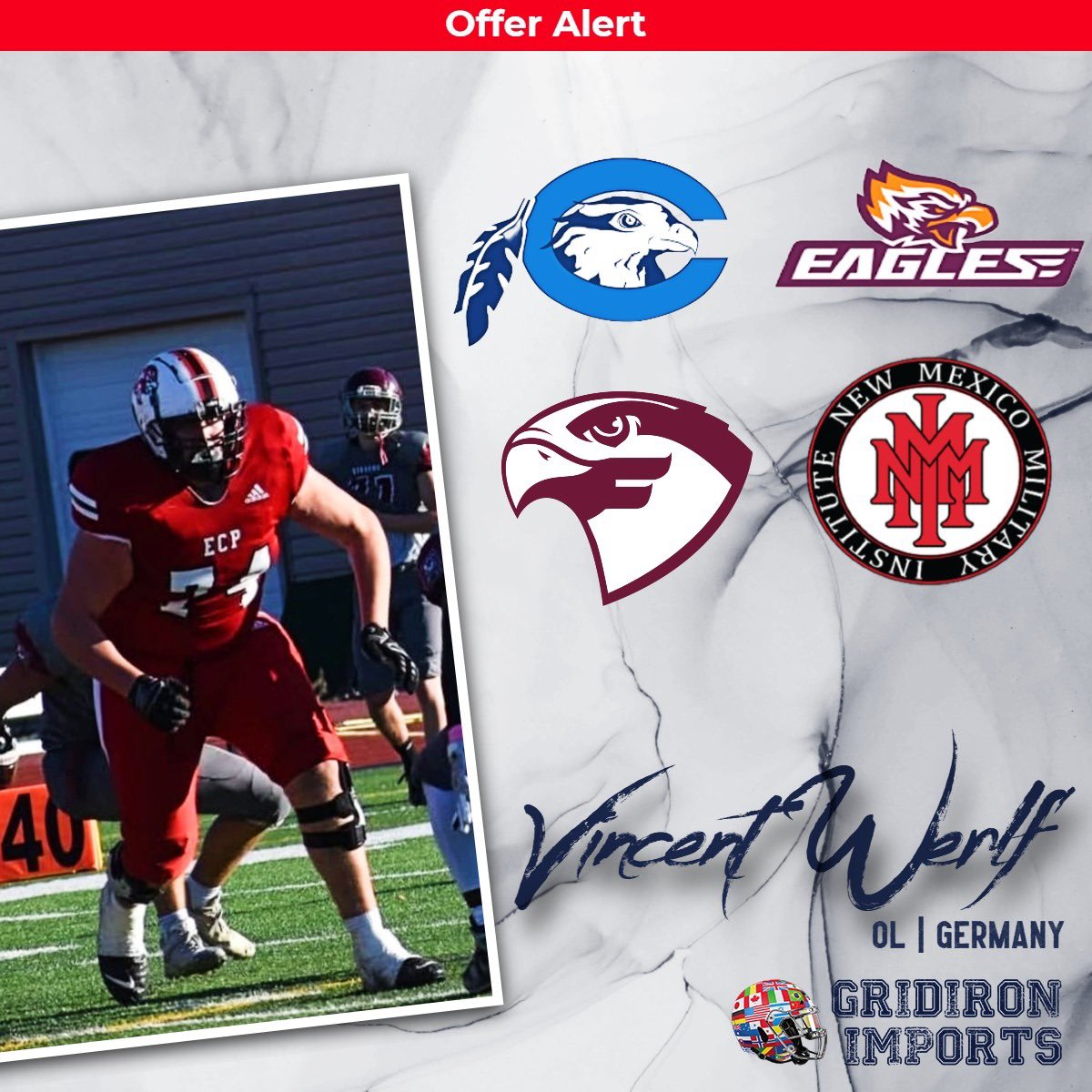 German OL prospect <a href="/Vincent_Werfl06/">Vincent Werfl</a> who did a post grad year at <a href="/ECP_Football/">East Coast Prep</a> has offers from <a href="/chowanfootball/">Chowan Football</a> <a href="/NMMI/">NMMI</a> <a href="/PostUniversity/">Post University</a> and <a href="/FairmontStateFB/">Fairmont State Football</a> 

<a href="/MunichCowboys/">Munich Cowboys</a> <a href="/TrevorVasey/">Trevor Vasey</a> <a href="/CoachSylva/">Sylva</a>