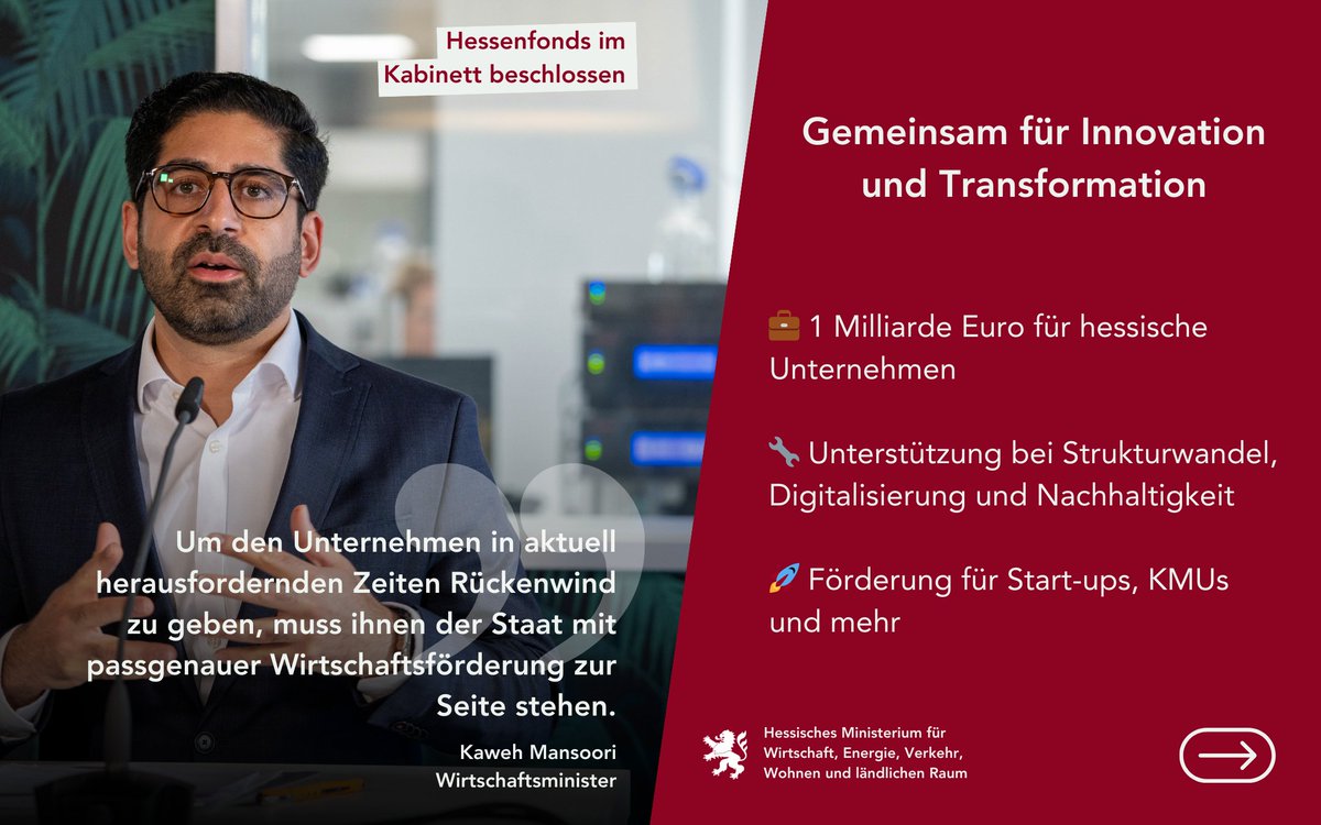 Mit dem #HessenFonds gibt das Land Hessen den Unternehmen den nötigen Rückenwind, um sich zukunftssicher aufzustellen. Ob Digitalisierung, nachhaltiger Umbau oder innovative Ideen – der HessenFonds unterstützt gezielt genau dort, wo es gebraucht wird. 💼✨wirtschaft.hessen.de/presse/kabinet…