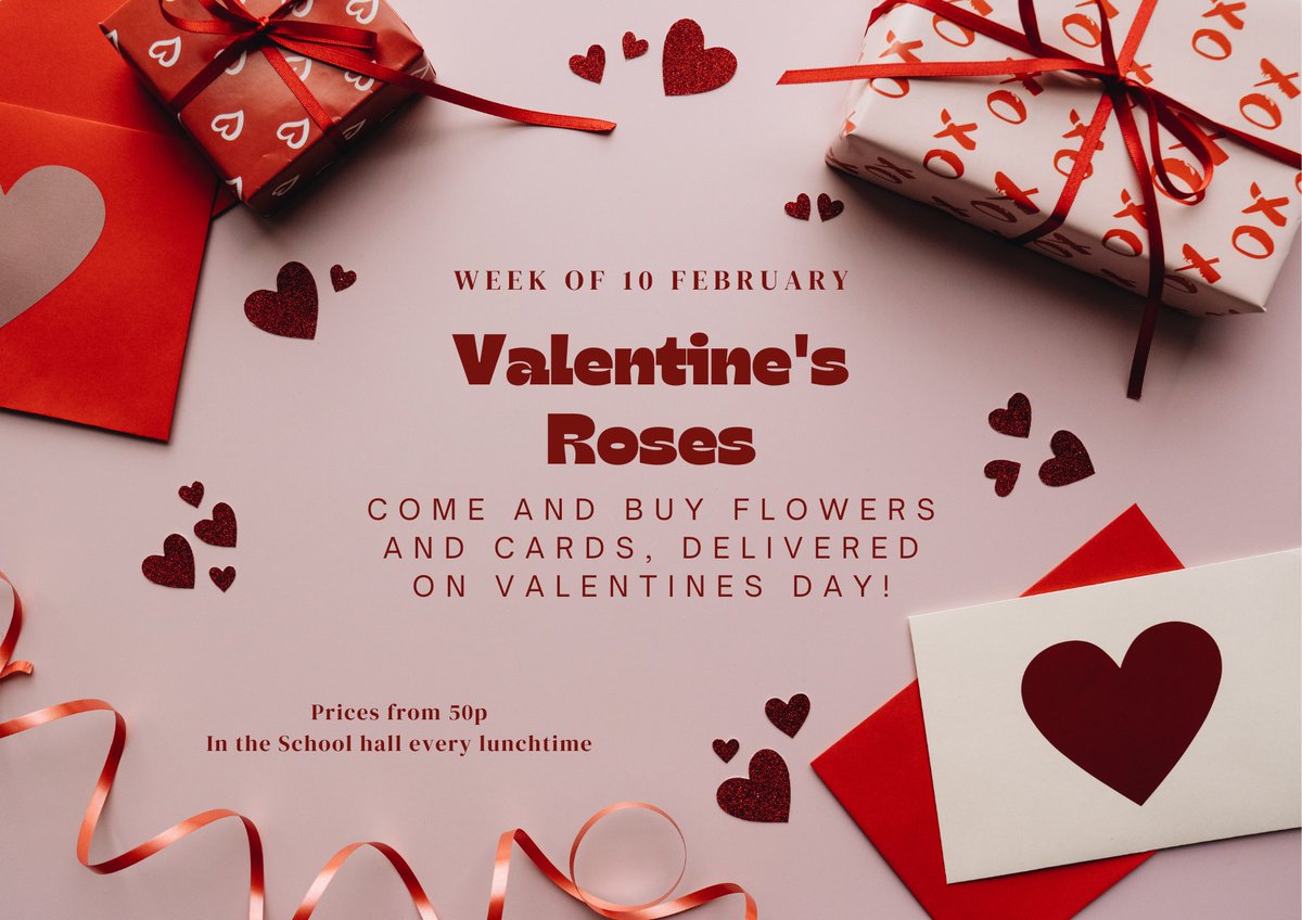Roses will be available to purchase in the school hall from 10th February, with prices starting at just 50p! 🌹
All roses will be delivered on Valentine's Day to the lucky recipient! 🎁💝
All proceeds going towards Enrichment opportunities within school.

#ValentinesDay