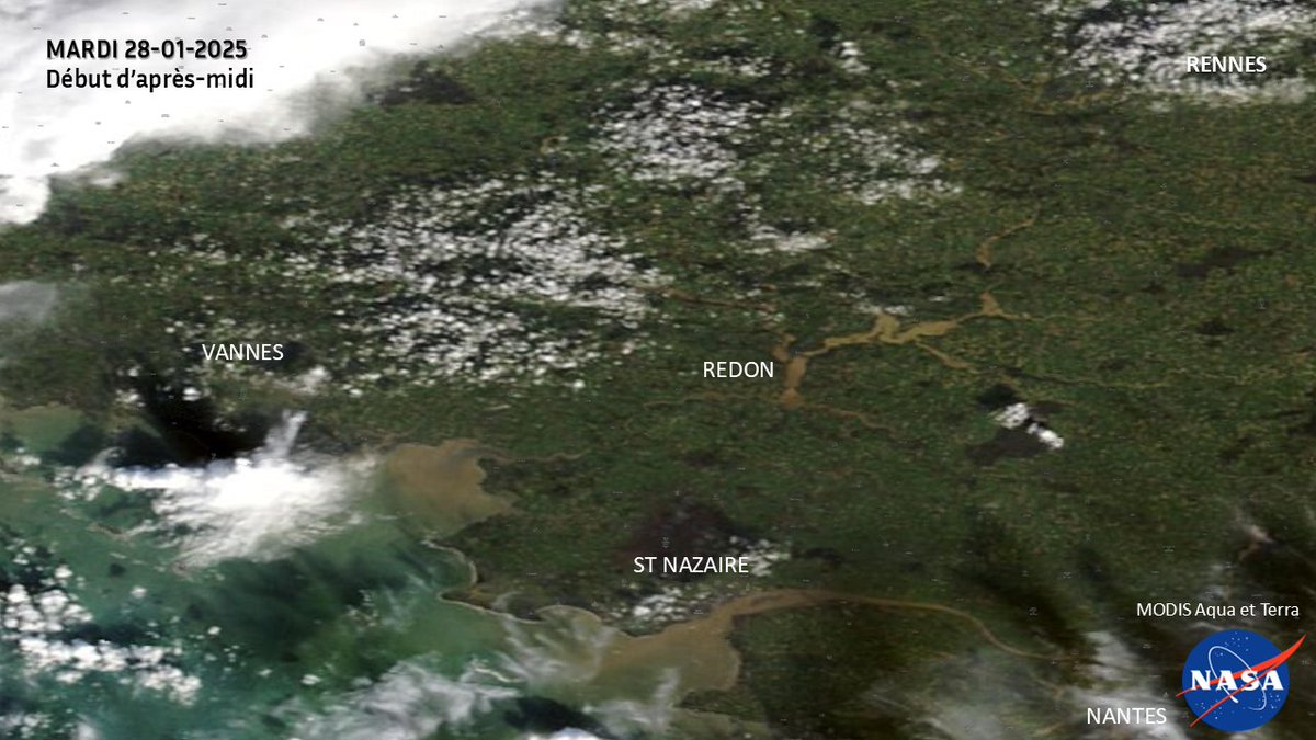 SebDecaux's tweet image. #Bretagne 
Image satellitaire du 28-01-2025 où l'on distingue la forte turbidité des eaux de la #Vilaine en amont de #Redon ainsi qu'au niveau de son estuaire (Mor Braz, entre #Damgan et #Pénestin). Ce phénomène est également très net sur l'estuaire de la Loire à #SaintNazaire