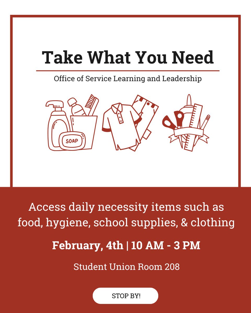 UNLVSA's tweet image. The #CampusResource Take What You Need program is offered multiple times a semester, where students can pick up essential items. 🪥🥫

📅 Their next event is Tuesday, Feb. 4th, inside the Student Union (Room 208)

🔗 Learn more at unlv.edu/sll/scholarshi…