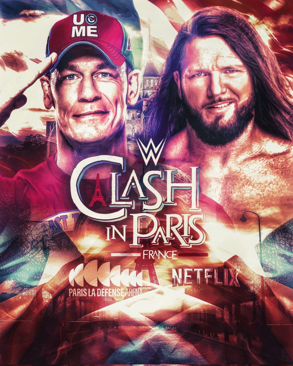 krishnaadamnit's tweet photo. "Il EST VRAIMENT PHÉNOMÉNAL LALALALA,” 
CENA VS. STYLES.
One Last Time, In PARIS,
For The World Heavyweight Championship!!💥⌛.

#wwe #johncena #ajstyles #clashinparis #lasttimeever #retirementtour #netflix #wrestling https://t.co/VokAsfx3YG