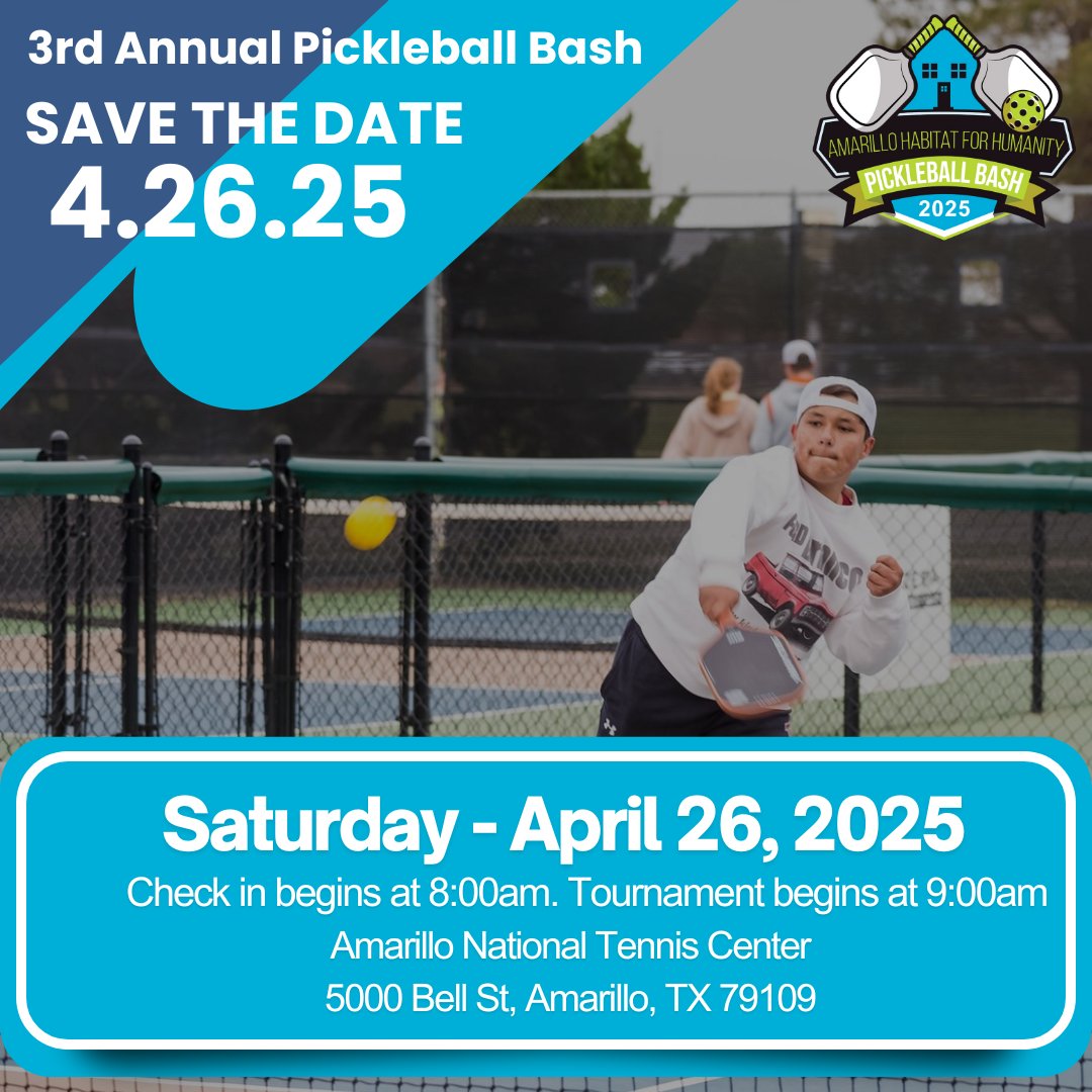 🏓 SAVE THE DATE! 🏓
🔔 Early Bird Registration Opens March 1st! Don’t miss your chance to sign up early and secure your spot!
Let’s rally together, have some fun, and make a positive impact in our community. 💙
#PickleballForACause #AmarilloHabitat
