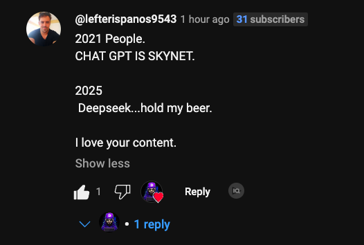 DanDuran's tweet photo. 2021 People. CHAT GPT IS SKYNET.  2025  Deepseek...hold my beer. lol https://t.co/X8kP9ianQ1
