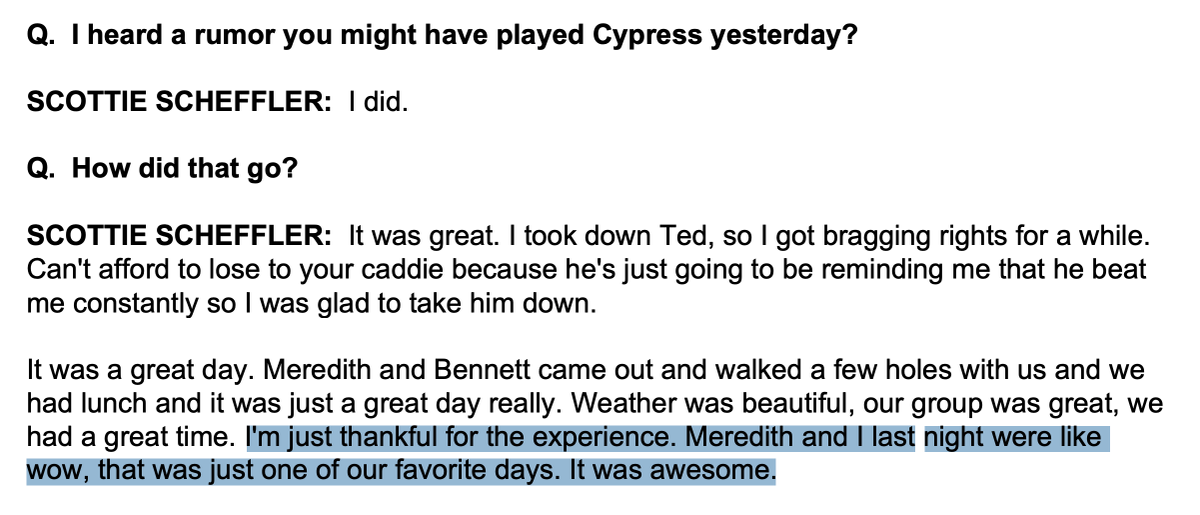 Gratitude doesn't seem to be a character quality that is valued highly enough. I appreciate that Scottie has it. Best player on the planet. Could have moved beyond the wonder of beautiful places like Cypress, but he hasn't.

Aspirational.