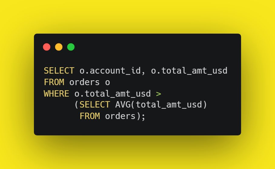 lolarsalami's tweet image. A Subquery is a query within another SQL statement.
Using a subquery, I retrieved the customers (using customer id) who have made orders above the average order value which is $3,348.02
#hertechtrailacademy #HTTDataChallenge
#SQLSubqueries #DataAnalysis @tech_bella @it_is_reel