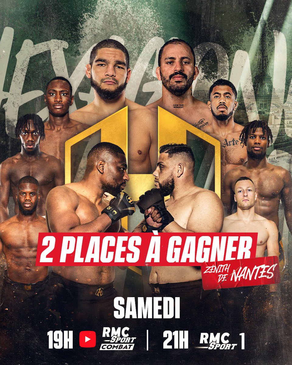 RMCSportCombat's tweet photo. 🚨🤯 2 PLACES À GAGNER POUR L'HEXAGONE MMA 24 À NANTES !!

🔥 Ne manquez pas les débuts d’Amin Ayoub, le retour de Oualy Tandia, et le combat pour le titre des poids lourds !!

👊🏼 Ca se passe ce samedi au Zénith de Nantes ce samedi, et comme toujours sur RMC Sport !

Pour participer :
🔁 RT + follow @RMCSportCombat 

🍀 TAS demain à 19h