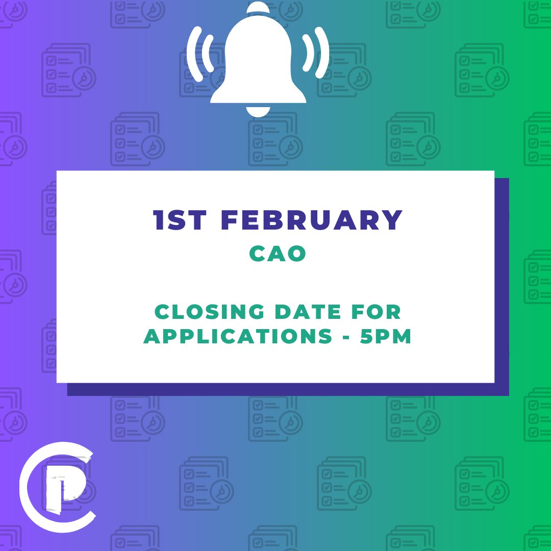 📣 CAO deadline is this Saturday, 1st February 2025 at 5pm 🔔 

If you are still deciding what courses will suit you use the Course Finder on CareersPortal.ie and use the filters on the left hand side. 

#CAO2025 #CAO #LeavingCert #LeavingCert2025