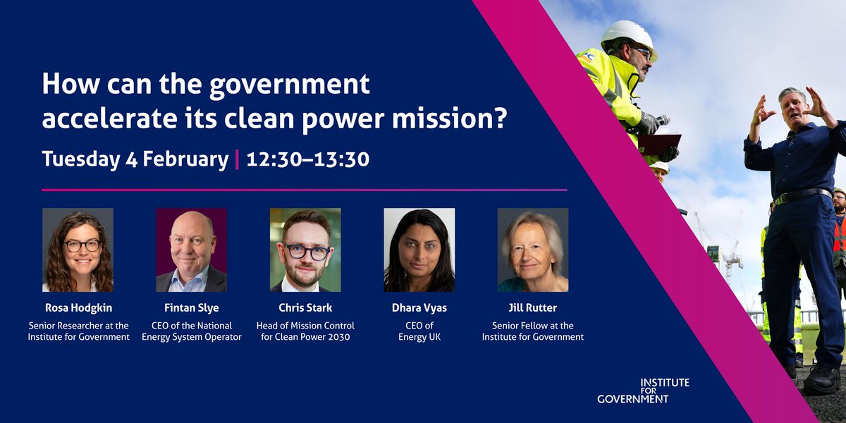 Institute for Government (@instituteforgov) on Twitter photo TODAY: Decarbonising the power system by 2030 and accelerating to net zero is one of Labour's missions. But what more could be done to speed up delivery?
Tune in at 12:30 when we'll discuss with <a href="/RosaHodgkin/">Rosa Hodgkin</a> <a href="/neso_energy/">National Energy System Operator</a> <a href="/StarkClimate/">Chris Stark</a> <a href="/Dhara__Vyas/">Dhara Vyas</a> 📺🗓️instituteforgovernment.org.uk/event/governme… TODAY: Decarbonising the power system by 2030 and accelerating to net zero is one of Labour's missions. But what more could be done to speed up delivery?
Tune in at 12:30 when we'll discuss with <a href="/RosaHodgkin/">Rosa Hodgkin</a> <a href="/neso_energy/">National Energy System Operator</a> <a href="/StarkClimate/">Chris Stark</a> <a href="/Dhara__Vyas/">Dhara Vyas</a> 📺🗓️instituteforgovernment.org.uk/event/governme…