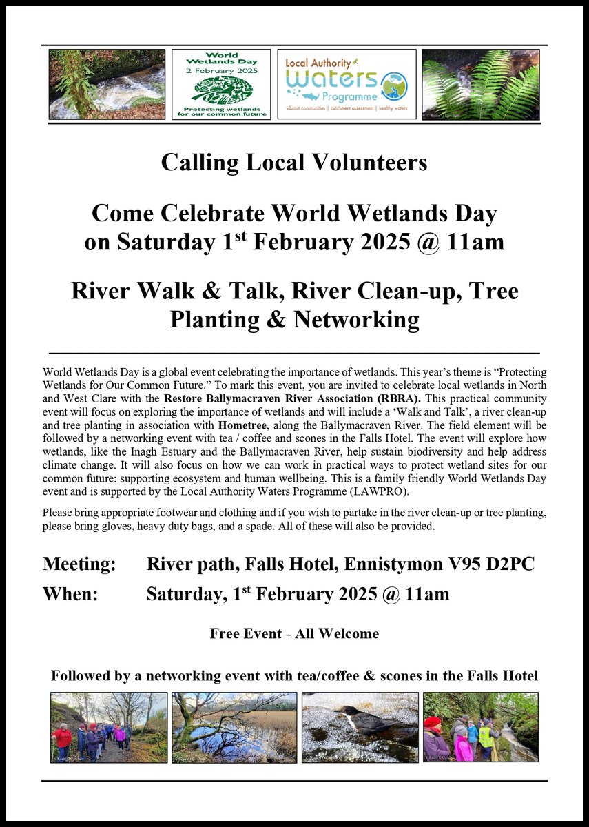 Ruairí Ó Conchúir (@ruairioconchuir) on Twitter photo Looking forward to this fab #WorldWetlandsDay event with the Restore Ballymacraven River Association this weekend supported by <a href="/WatersProgramme/">Local Authority Waters Programme</a>
Date & Time: Sat, 1 Feb. @ 11
Meeting: Riverpath, below the Falls Hotel, Ennistymon V95 D2PC
Free event - all welcome
Please R/T Looking forward to this fab #WorldWetlandsDay event with the Restore Ballymacraven River Association this weekend supported by <a href="/WatersProgramme/">Local Authority Waters Programme</a>
Date & Time: Sat, 1 Feb. @ 11
Meeting: Riverpath, below the Falls Hotel, Ennistymon V95 D2PC
Free event - all welcome
Please R/T