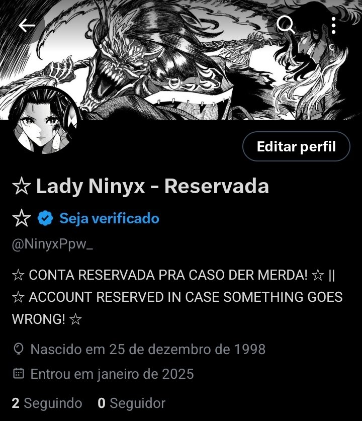 Galera deixei uma conta reservada pra caso der merda, quem quiser seguir lá pra ajudar, obgd de coração mas quem nn quiser.
Guys, I left a reserved account in case anything goes wrong. If anyone wants to follow me there to help, thank you from the bottom of my heart.
<a href="/NinyxPpw_/">☆ Lady Ninyx - Reservada ☆</a>