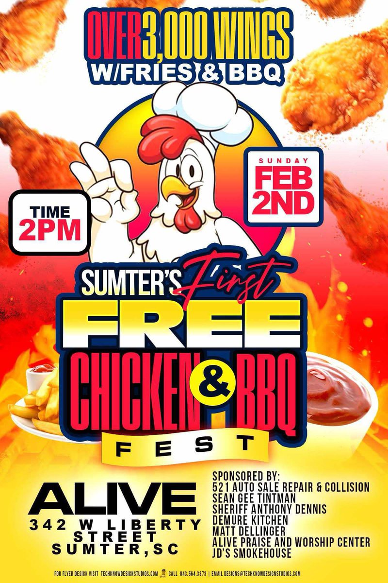 ALIVEMinistry1's tweet photo. Sumter and surrounding areas!!! This Sunday, your feet need to be on Liberty Street!! 😁 Come one, come all and be apart of Sumter First Free Chicken &amp; Bbq Fest!!! 
Info on flyer!!
#LikeFollowShare
#supportlocal
#WeAreALIVE https://t.co/y1Js9ALloR