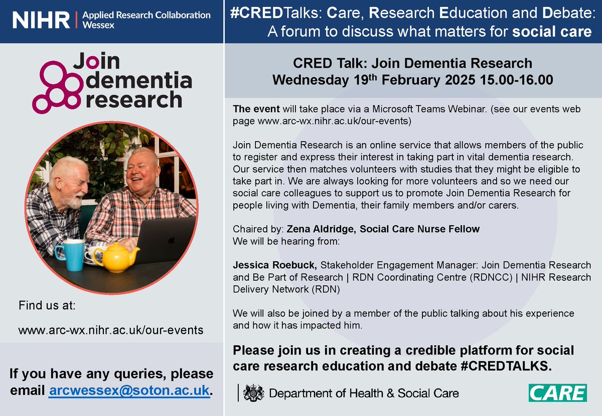 NIHR Applied Research Collaboration Wessex (@arc_wessex) on Twitter photo Join us and <a href="/beatdementia/">Join Dementia Research</a> on Feb 19 for our latest in a series of #CREDtalks - details here arc-wx.nihr.ac.uk/event-details/…
<a href="/demrescommunity/">Dementia Researcher</a> <a href="/RuthLBartlett/">Ruth L Bartlett</a> <a href="/StephenERLim/">Stephen Lim</a> <a href="/HIOWH_NHSFT/">Hampshire and IOW Healthcare NHS Foundation Trust</a> <a href="/ActionHants/">Action Hampshire</a> <a href="/RachSocialCare/">Dr Rachel Harrison</a> <a href="/LFenge/">Lee-Ann Fenge</a> <a href="/UHSFTresearch/">Health Research | Southampton</a> <a href="/NIHRARCs/">NIHR Applied Research Collaborations (ARCs)</a>
#dementia <a href="/NIHRrdn/">NIHR Research Delivery Network</a> <a href="/CMO_England/">Professor Chris Whitty</a> Join us and <a href="/beatdementia/">Join Dementia Research</a> on Feb 19 for our latest in a series of #CREDtalks - details here arc-wx.nihr.ac.uk/event-details/…
<a href="/demrescommunity/">Dementia Researcher</a> <a href="/RuthLBartlett/">Ruth L Bartlett</a> <a href="/StephenERLim/">Stephen Lim</a> <a href="/HIOWH_NHSFT/">Hampshire and IOW Healthcare NHS Foundation Trust</a> <a href="/ActionHants/">Action Hampshire</a> <a href="/RachSocialCare/">Dr Rachel Harrison</a> <a href="/LFenge/">Lee-Ann Fenge</a> <a href="/UHSFTresearch/">Health Research | Southampton</a> <a href="/NIHRARCs/">NIHR Applied Research Collaborations (ARCs)</a>
#dementia <a href="/NIHRrdn/">NIHR Research Delivery Network</a> <a href="/CMO_England/">Professor Chris Whitty</a>