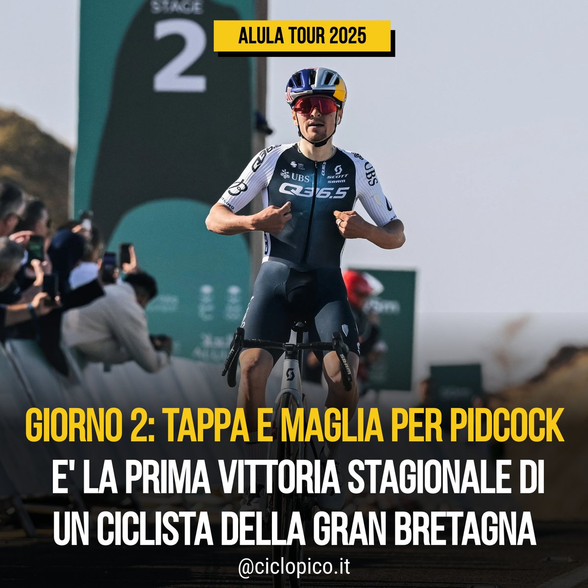 ciclopico_it's tweet photo. Thomas Pidcock si è aggiudicato 🚴‍♂️ la tappa 2⃣ dell'#alulatour2025 staccando tutti nella salita finale verso il traguardo di Bir Jaydah Mountain Wirkah. Il ciclista britannico 🇬🇧 ha preceduto di 4" l'austriaco #Kepplinger 🇦🇹 e di 7" il sudafricano #Hatherly 🇿🇦 e si è tra l'altro portato in vetta alla classifica generale 🔝
Quello di #Pidcock è il primo trionfo stagionale 🥇di un ciclista britannico. Per lui si tratta del ritorno alla vittoria dopo quasi un anno dall'affermazione centrata nel 2024 all'#AmstelGoldRace
------
Giornata di festa anche per Jan Christen 🎉 che si è imposto al #trofeucalvià. Il giovane svizzero 🇨🇭 ha vinto la prova inaugurale della #ChallengeMallorca precedendo di 6" il terzetto composto dall'italiano 🇮🇹 Christian #Scaroni, dal portoghese 🇵🇹 Antonio #Morgado e dal danese 🇩🇰 Frederik #Wandahl. 
#Christen ha ottenuto il primo trionfo stagionale 🏆(secondo per la Svizzera dopo quello di #Hirschi alla #ClassicaCV1969). Quello di oggi è il terzo risultato di rilievo del 2025 per l'azzurro Scaroni 👏 che si era già piazzato 5° al #GPCastellòn e 2° alla ClassicaCV1969. 

🧐 Con la prima affermazione della Gran Bretagna sono diventate 15 le nazioni capaci di vincere almeno una gara UCI in questa prima parte del 2025 

👉 Segui l'occhio 👁️ di #CiclopicoWebzine e scopri tante altre statistiche sul grande ciclismo nel sito https://t.co/BTVabN151c 

Photo Credits: © AlUla Tour

#AlUlaTour #ChallengeMallorca2025 #TrofeuCalvià2025 #cyclingstats #ucicycling #statisticheciclismo #ciclismo2024 #CiclopicoWebzine #ThomasPidcock #ChristianScaroni #JanChristen