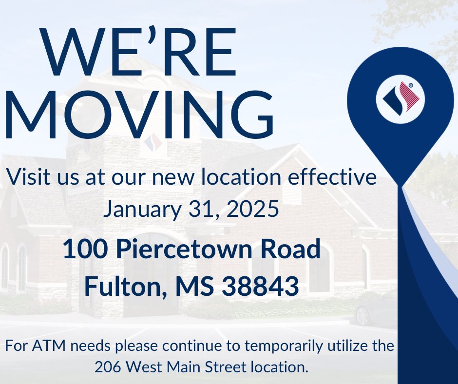 CommSpiritBank's tweet photo. π’ We're Moving! ππ¦
Exciting news! Starting January 31, 2025, our Fulton branch will officially begin serving you from our new location at:
π 100 Piercetown Road, Fulton, MS 38843
The downtown branch will close as of 5:00 PM on January 31, 2025.
#CSBFulton https://t.co/e48UWIv8L9