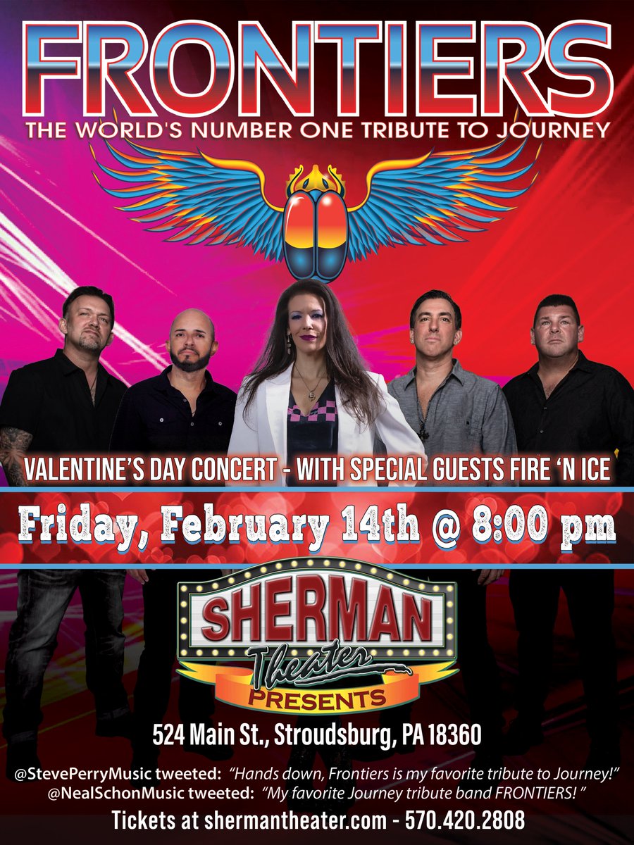 🚨 TONIGHT 🚨
Check out <a href="/FrontiersJrny/">Frontiers The Worlds Number One Tribute To Journey</a>: The World's Number One Tribute To Journey headed to the Sherman Theater with special guests Fire 'N Ice for a special Valentine's Day Concert on February 14th! 🎸
Tickets ON SALE NOW at bit.ly/FrontiersST