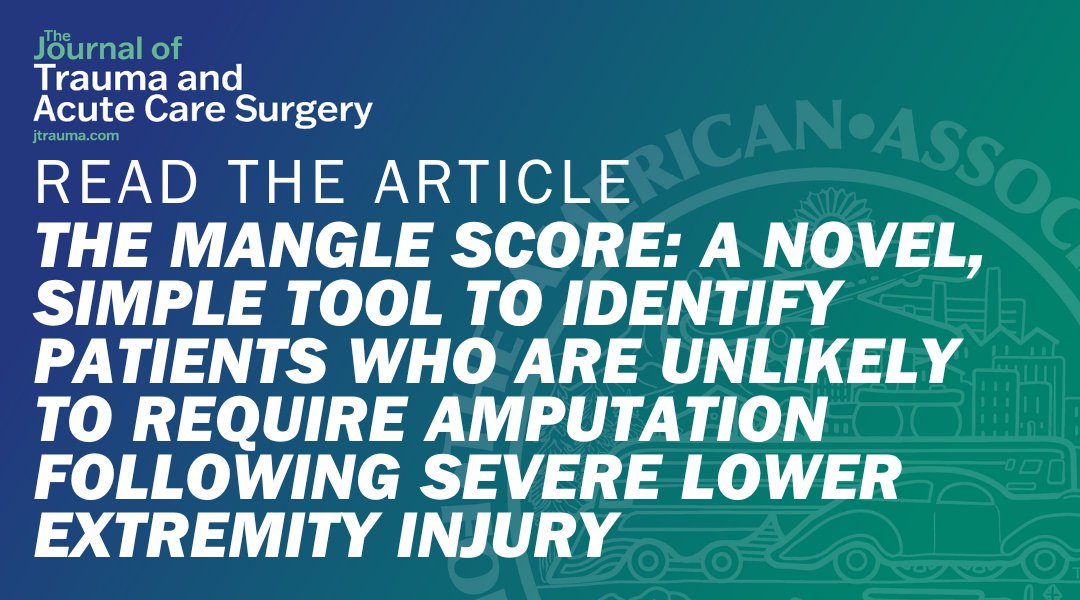 Journal of Trauma and Acute Care Surgery (@jtraumacutesurg) on Twitter photo The MangLE score can predict those who are highly unlikely to need an amputation following severe lower extremity injury. This score may be useful in directing resources to salvage a limb to this group of patients.
<a href="/saranimd/">Babak Sarani</a>
journals.lww.com/jtrauma/abstra… The MangLE score can predict those who are highly unlikely to need an amputation following severe lower extremity injury. This score may be useful in directing resources to salvage a limb to this group of patients.
<a href="/saranimd/">Babak Sarani</a>
journals.lww.com/jtrauma/abstra…